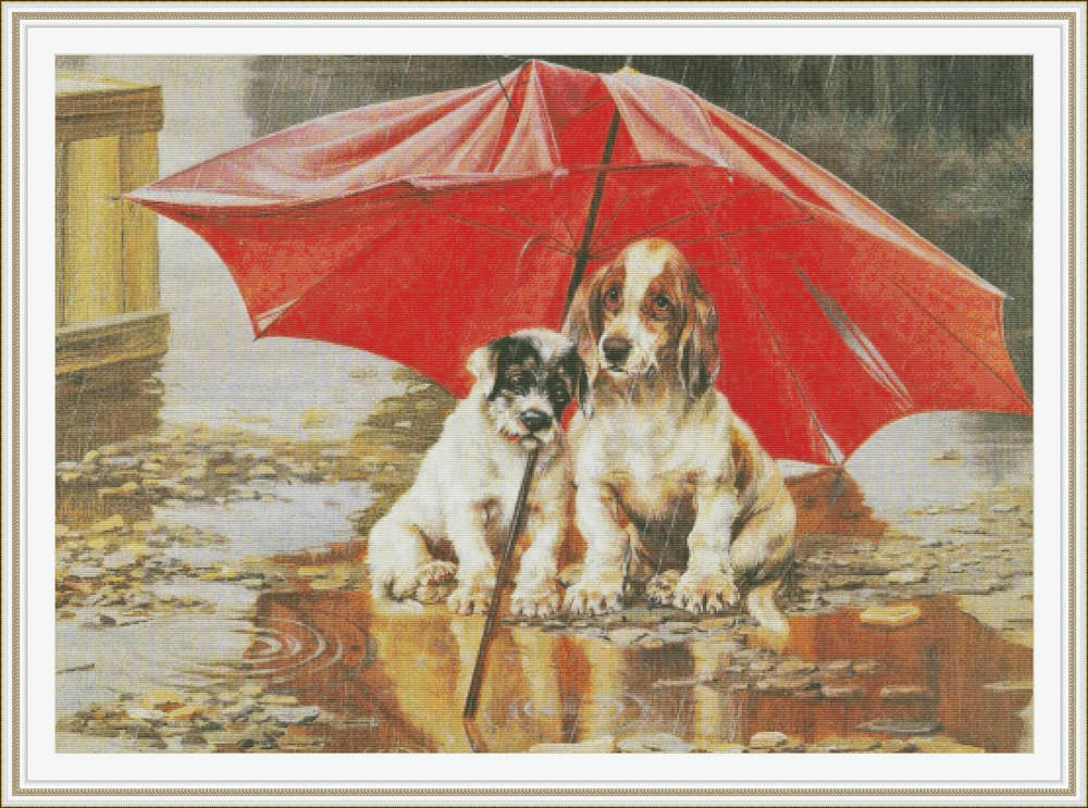 Собака под зонтом. Вышивка крестом под зонтом. Вышивка собаки под зонтом. Собака под дождем.